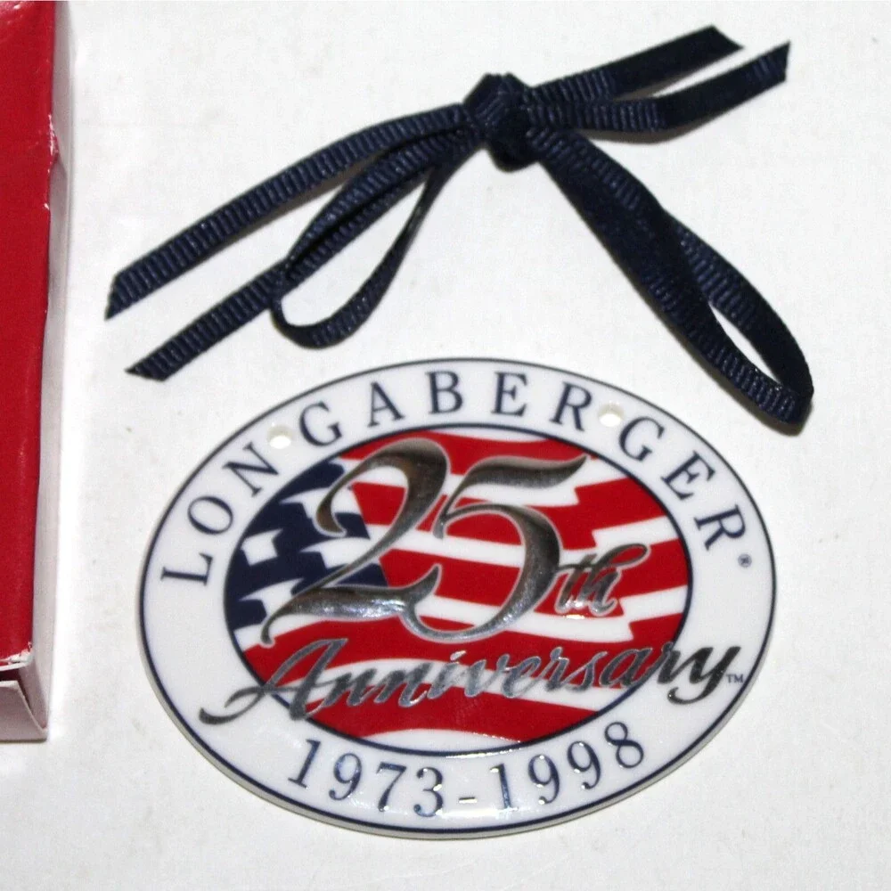 Longaberger 25th Anniversary Collectors Club Ceramic Tag tie on 1998 US Flag